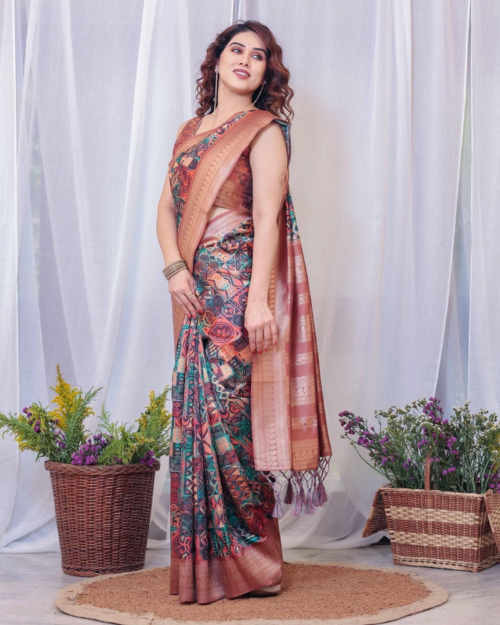 Geometric Elegance: Multicolored Digital Print Pure Silk Saree with Gold Borders