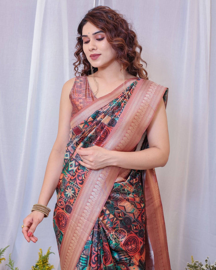 Geometric Elegance: Multicolored Digital Print Pure Silk Saree with Gold Borders