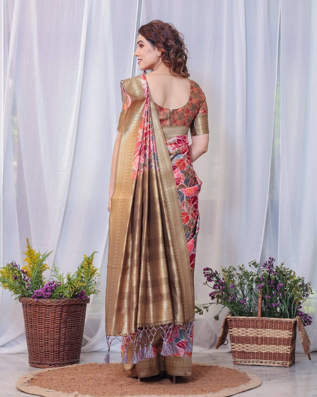 Radiant Red and Gold Banarasi Silk Saree with Floral Motifs and Tassels