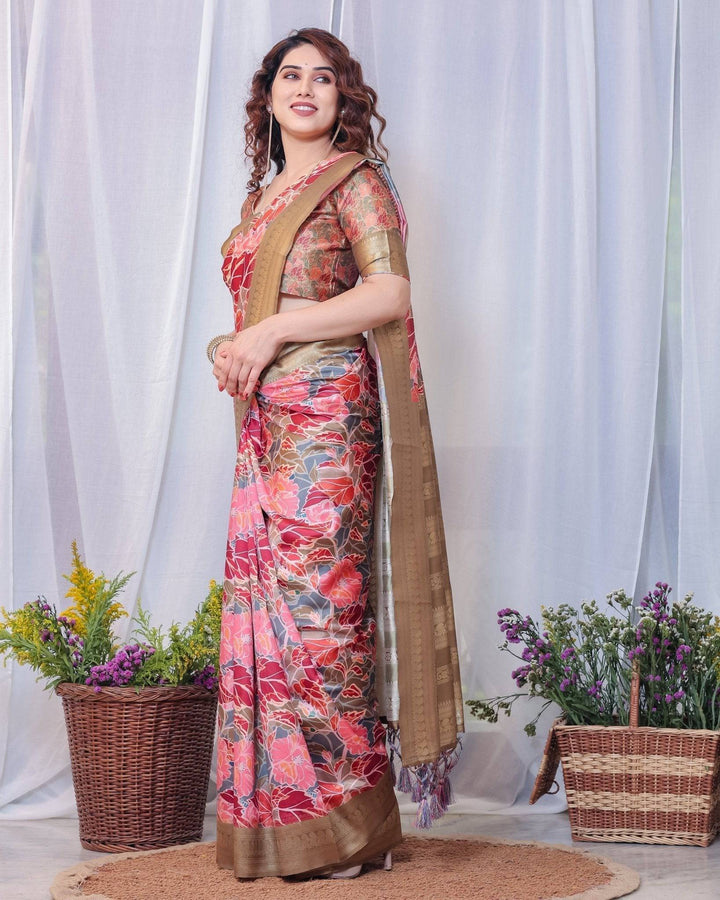 Radiant Red and Gold Banarasi Silk Saree with Floral Motifs and Tassels