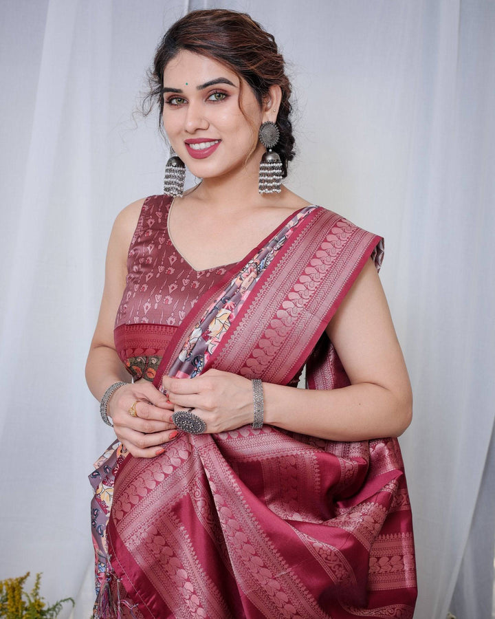 Luxurious Maroon Banarasi Silk Saree with Paisley Print and Tassels