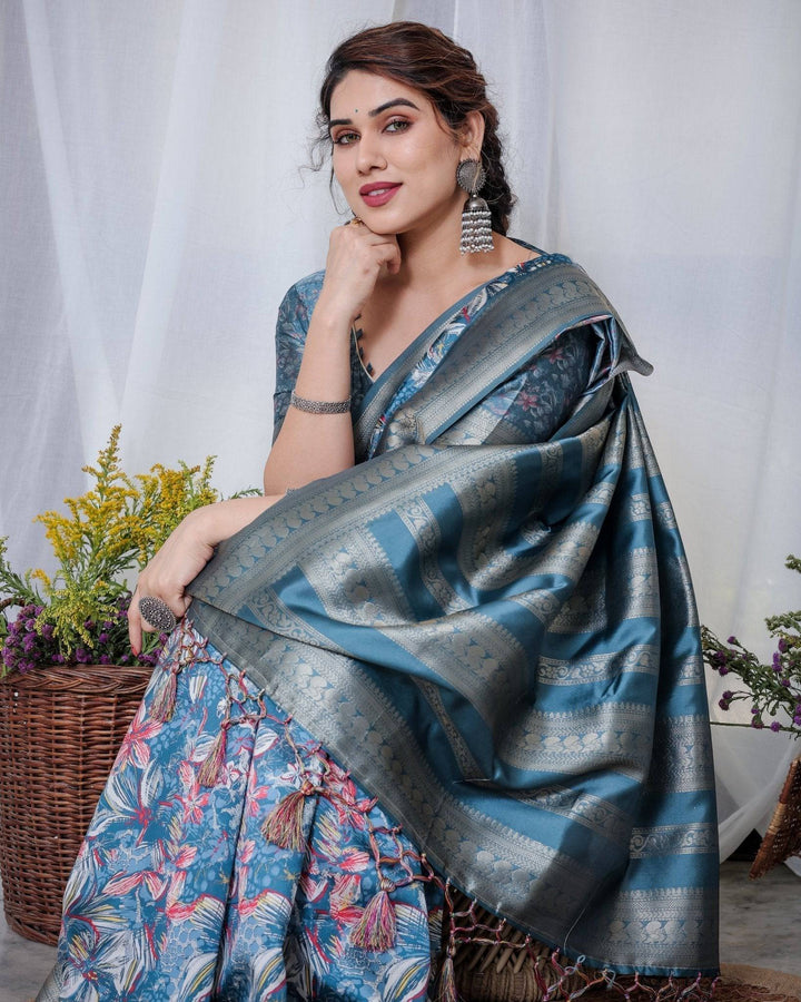 Enchanting Blue Banarasi Silk Saree with Multicolor Floral Weaves and Luxurious Zari Pallu with Tassels