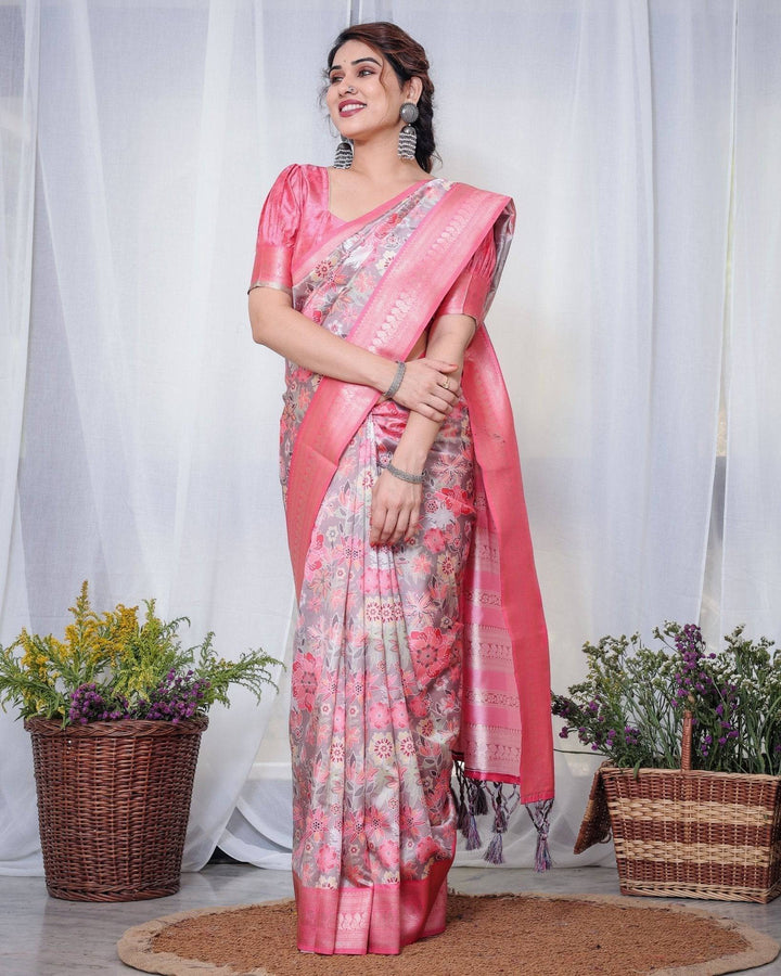 Graceful Pink and Silver Banarasi Silk Saree with Vibrant Floral Design, Zari Weaved Border, and Elegant Pallu