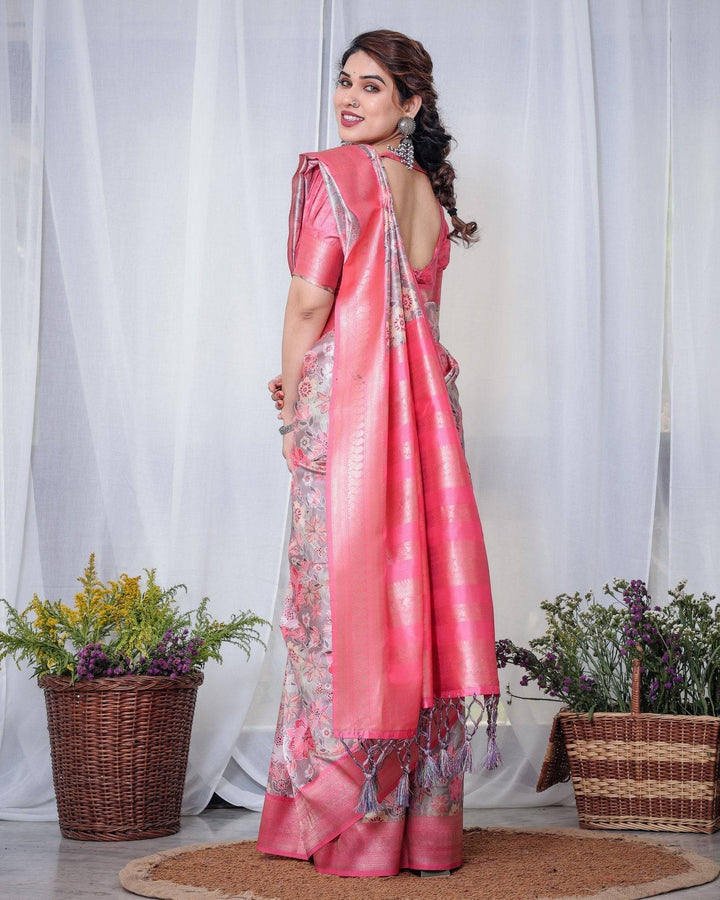 Graceful Pink and Silver Banarasi Silk Saree with Vibrant Floral Design, Zari Weaved Border, and Elegant Pallu