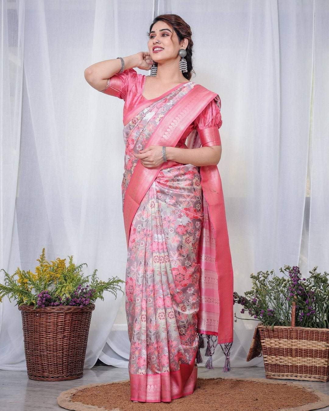 Graceful Pink and Silver Banarasi Silk Saree with Vibrant Floral Design, Zari Weaved Border, and Elegant Pallu