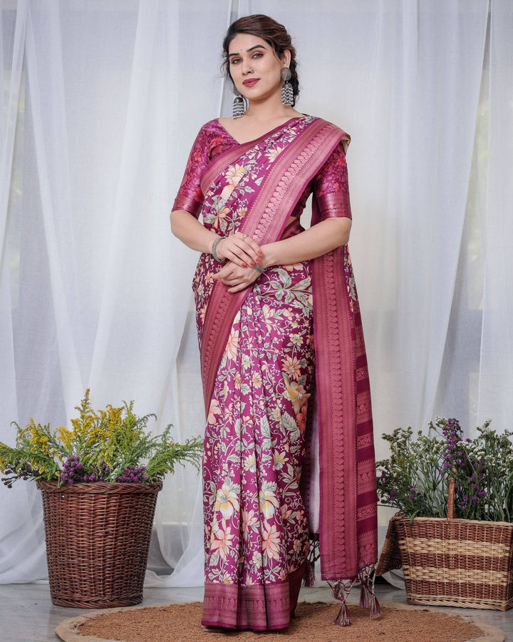 Majestic Maroon Floral Banarasi Silk Saree with Zari Weave and Tassels