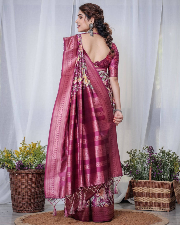 Majestic Maroon Floral Banarasi Silk Saree with Zari Weave and Tassels