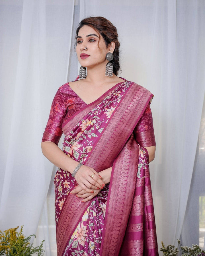 Majestic Maroon Floral Banarasi Silk Saree with Zari Weave and Tassels