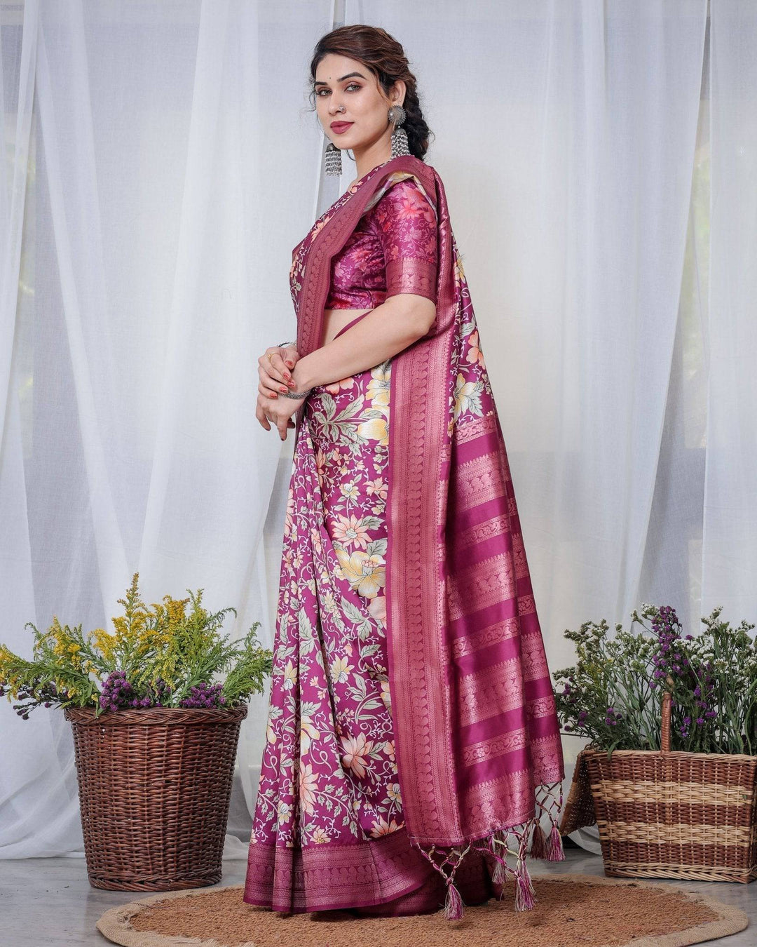 Majestic Maroon Floral Banarasi Silk Saree with Zari Weave and Tassels