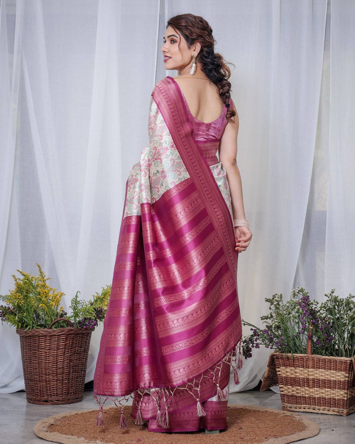 Ivory Banarasi Silk Saree with Pink Ikat Digital Print, Zari Border & Tassel Pallu