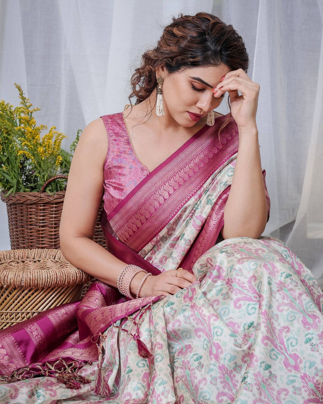 Ivory Banarasi Silk Sarees with Pink Ikat Digital Print, Zari Border & Tassels Pallu