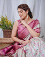 Ivory Banarasi Silk Saree with Pink Ikat Digital Print, Zari Border & Tassel Pallu