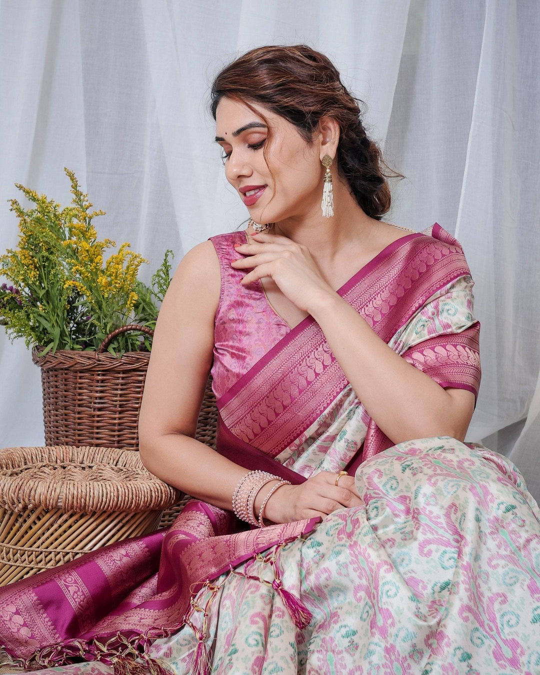 Ivory Banarasi Silk Saree with Pink Ikat Digital Print, Zari Border & Tassel Pallu