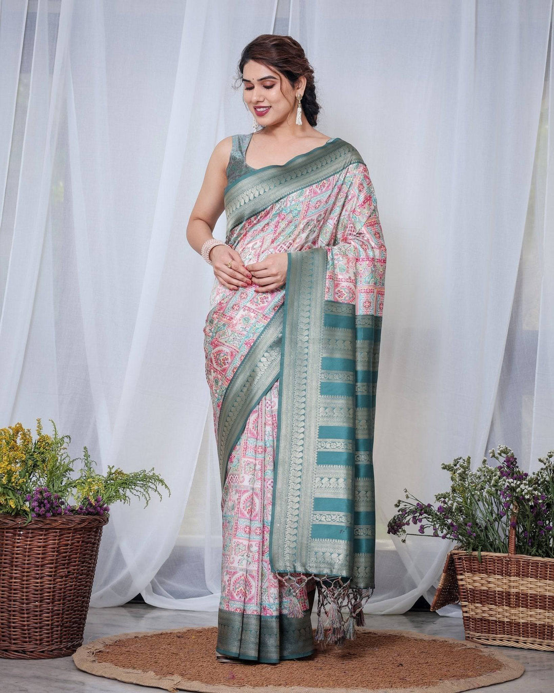 Teal Green Banarasi Silk Saree with Multicolor Digital Patchwork Print & Zari Border