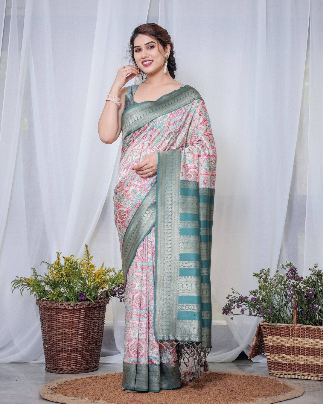 Teal Green Banarasi Silk Saree with Multicolor Digital Patchwork Print & Zari Border