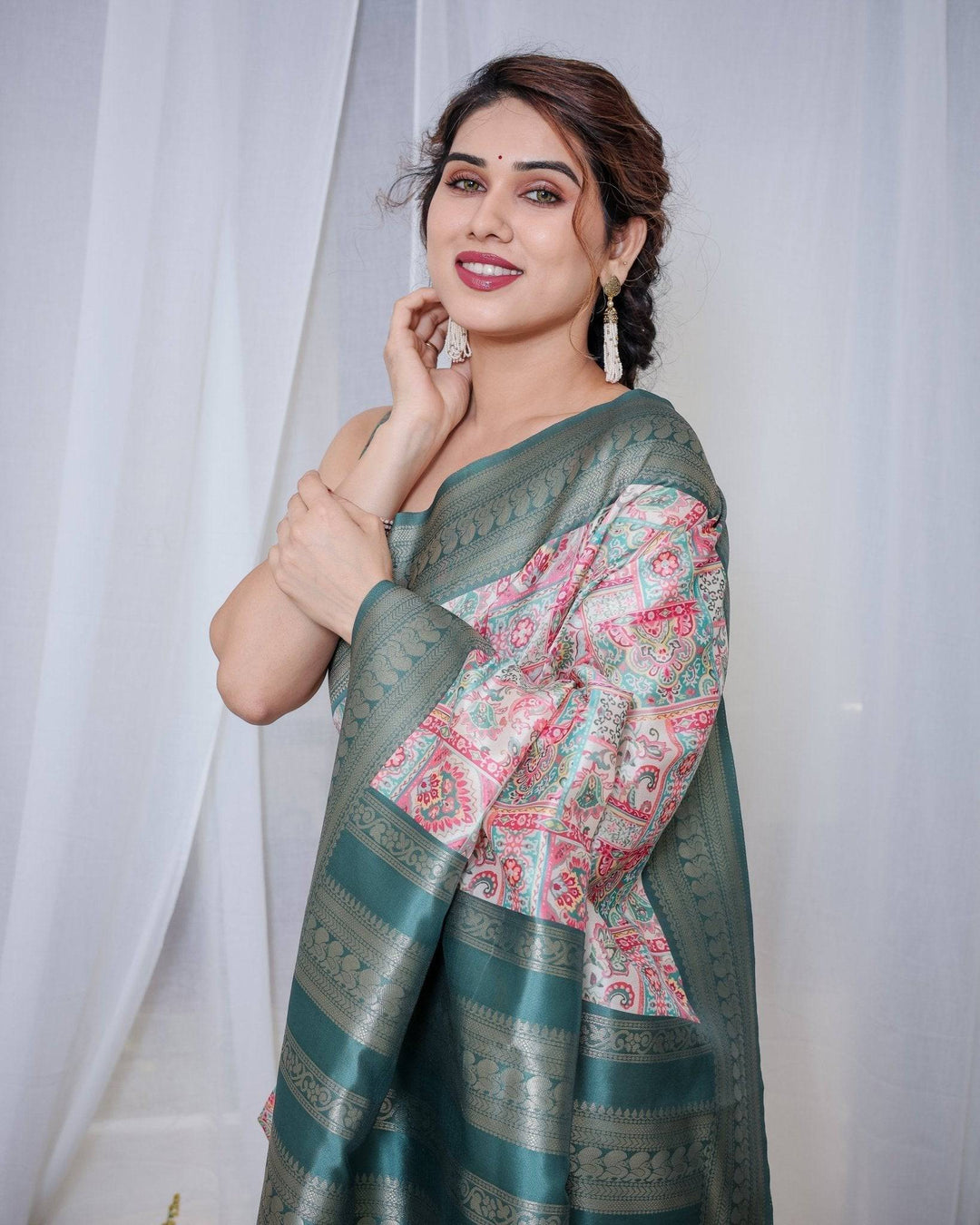 Teal Green Banarasi Silk Saree with Multicolor Digital Patchwork Print & Zari Border