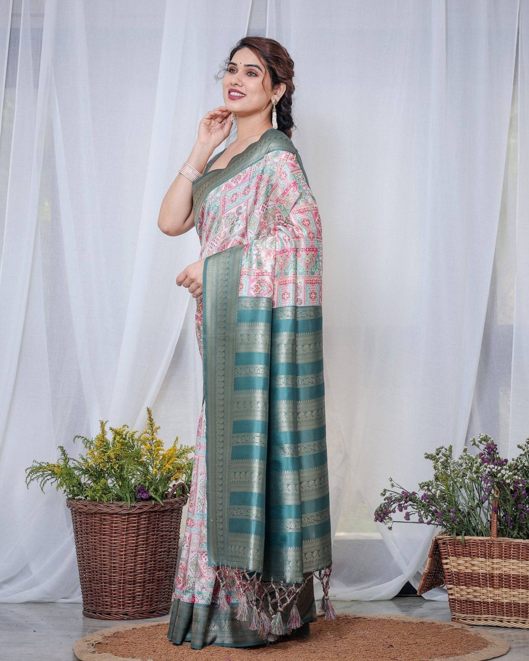 Teal Green Banarasi Silk Saree with Multicolor Digital Patchwork Print & Zari Border