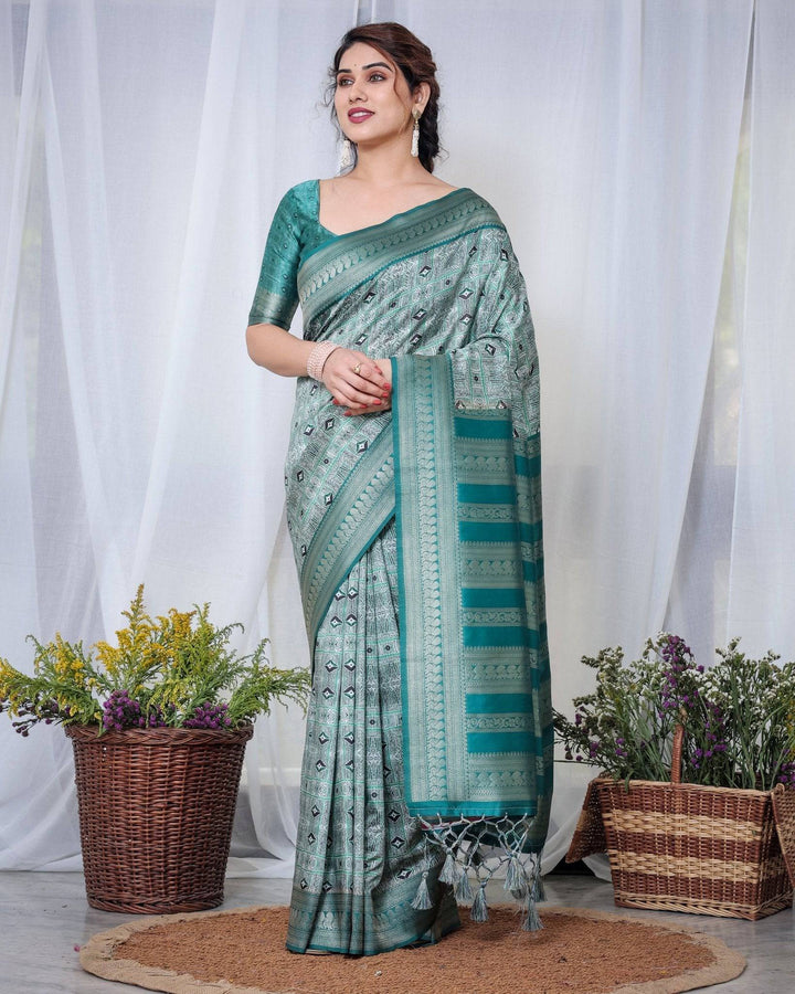 Banarasi Digitally Printed Green Silk Saree with Zari Weave and Elegant Tassels