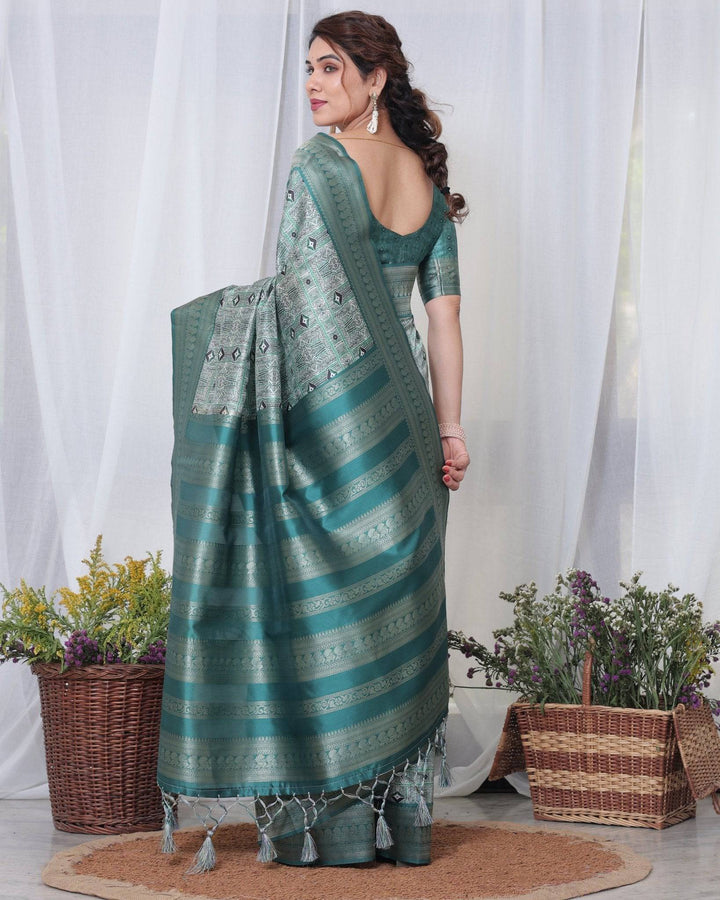 Banarasi Digitally Printed Green Silk Saree with Zari Weave and Elegant Tassels