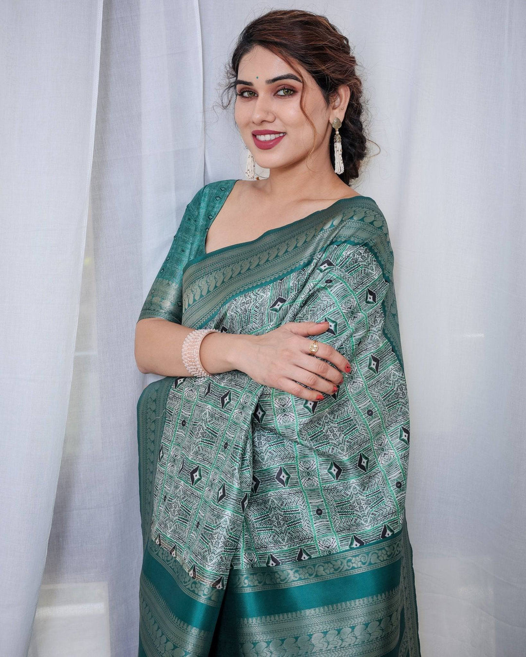 Banarasi Digitally Printed Green Silk Saree with Zari Weave and Elegant Tassels