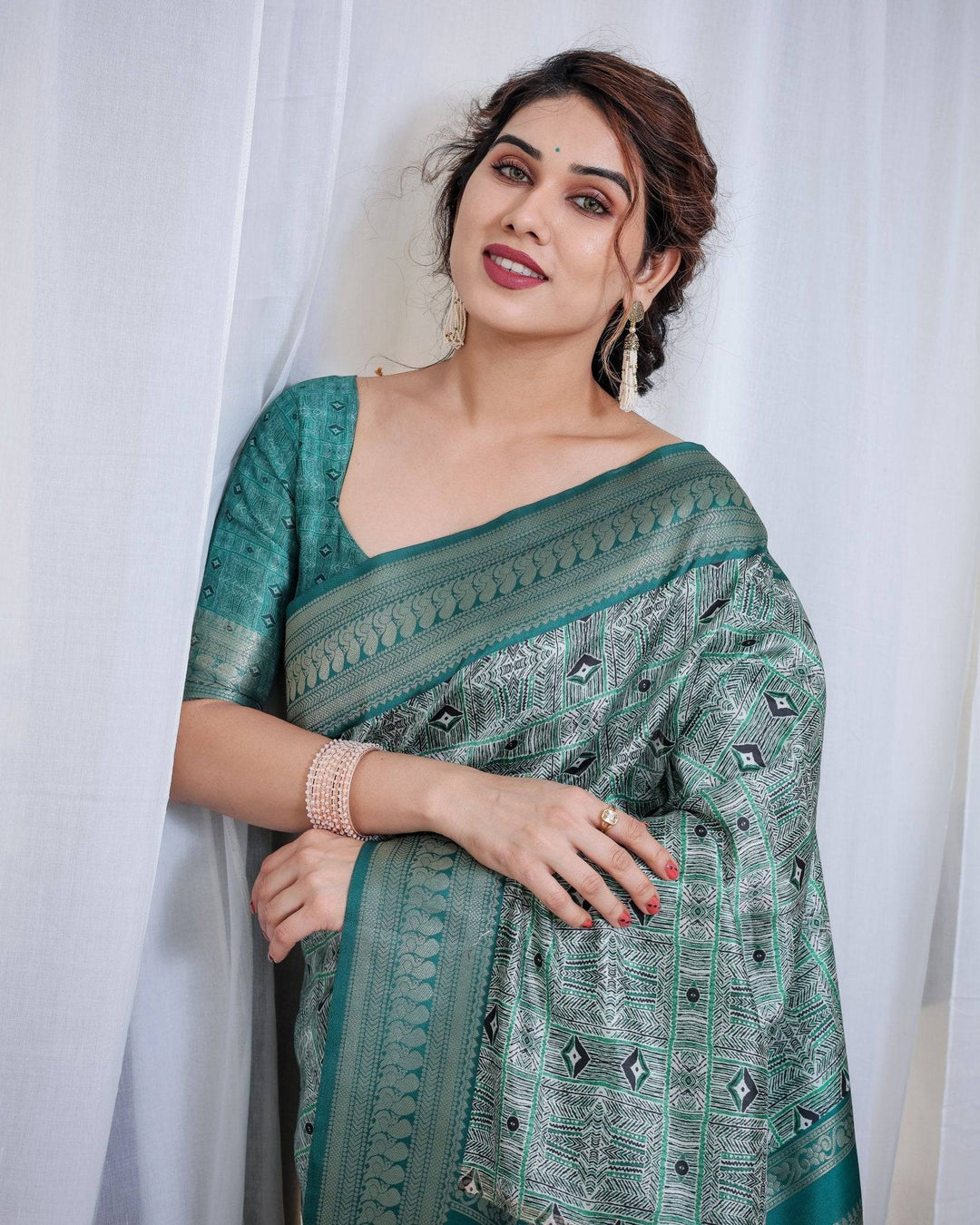 Banarasi Digitally Printed Green Silk Saree with Zari Weave and Elegant Tassels