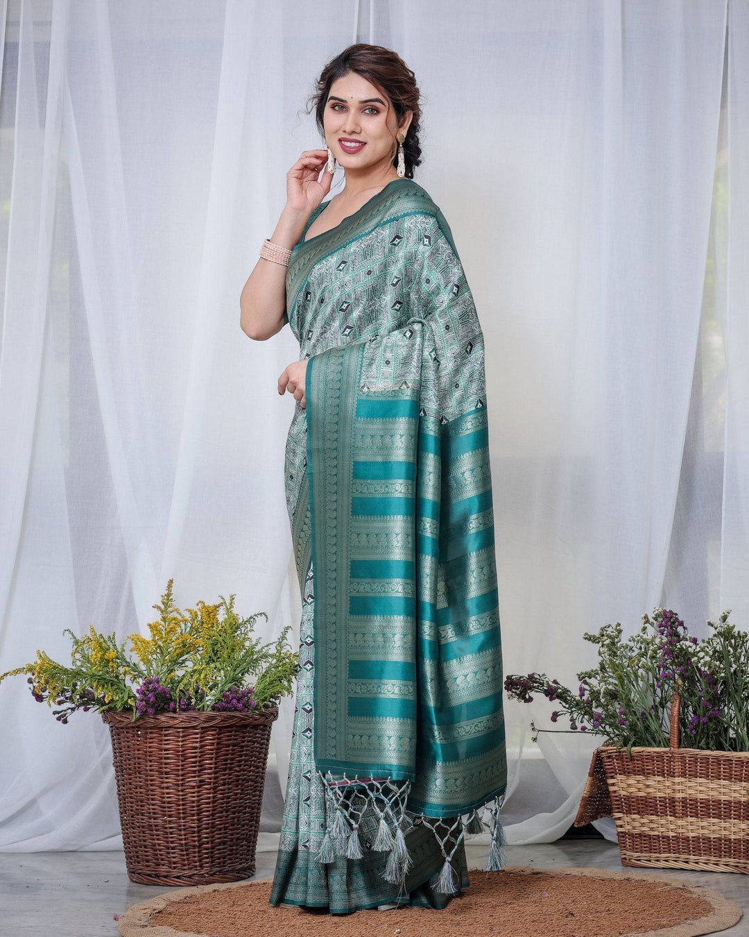 Banarasi Digitally Printed Green Silk Saree with Zari Weave and Elegant Tassels