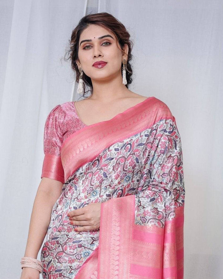 Ivory Banarasi Silk Saree with Vibrant Paisley Digital Print, Pink Zari Border & Tassel Pallu