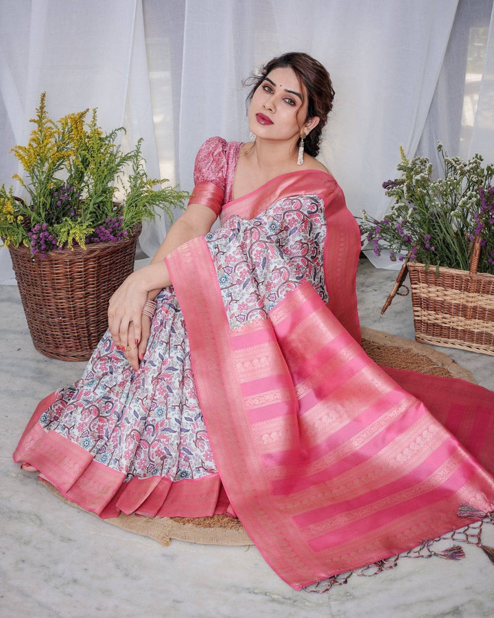 Ivory Banarasi Silk Saree with Vibrant Paisley Digital Print, Pink Zari Border & Tassel Pallu