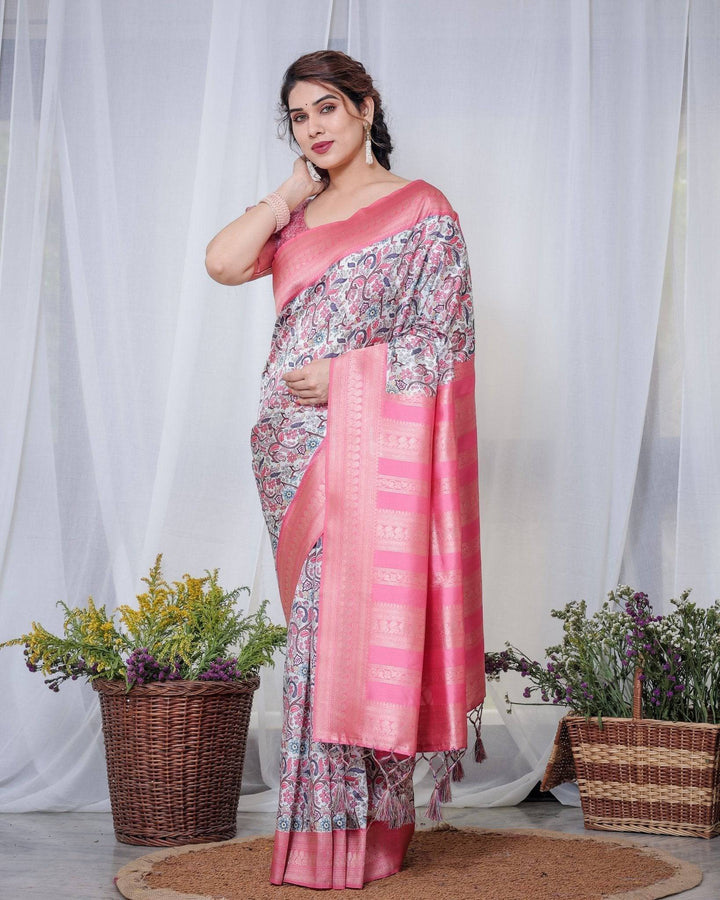 Ivory Banarasi Silk Saree with Vibrant Paisley Digital Print, Pink Zari Border & Tassel Pallu