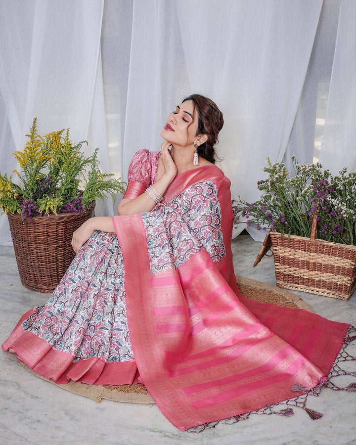 Ivory Banarasi Silk Saree with Vibrant Paisley Digital Print, Pink Zari Border & Tassel Pallu