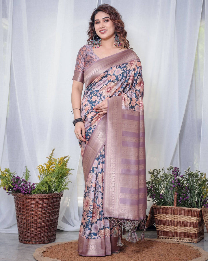 Lilac Banarasi Silk Saree with Pastel Floral Digital Print, Zari Border & Tassel Pallu