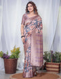 Lilac Banarasi Silk Saree with Pastel Floral Digital Print, Zari Border & Tassel Pallu