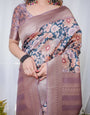 Lilac Banarasi Silk Saree with Pastel Floral Digital Print, Zari Border & Tassel Pallu