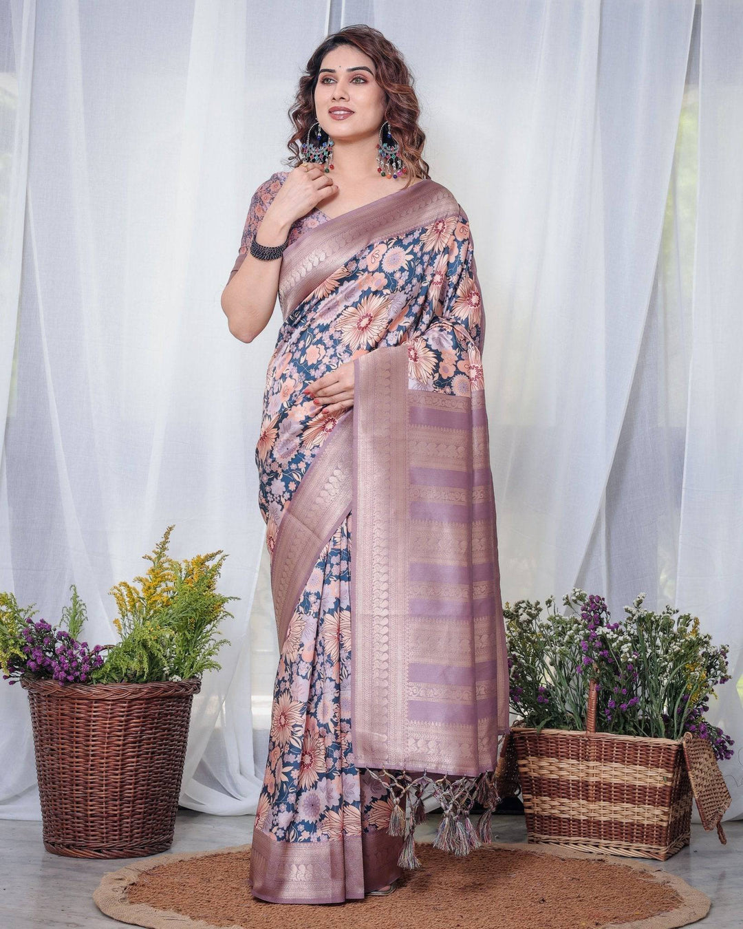 Lilac Banarasi Silk Saree with Pastel Floral Digital Print, Zari Border & Tassel Pallu