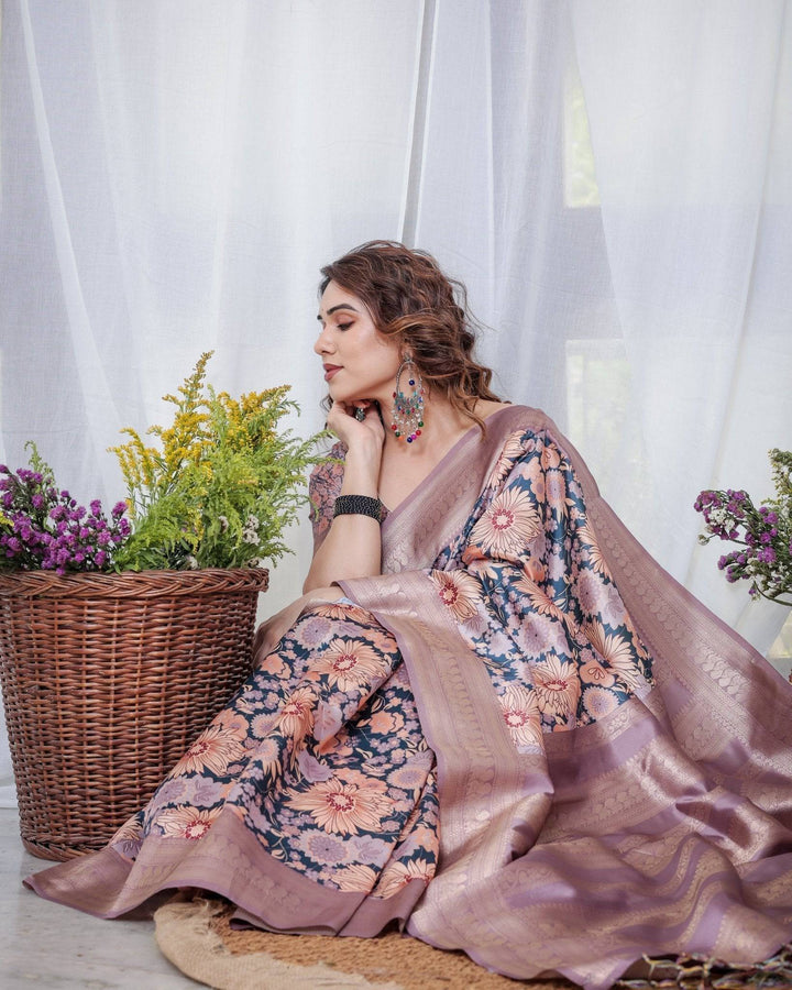 Lilac Banarasi Silk Saree with Pastel Floral Digital Print, Zari Border & Tassel Pallu