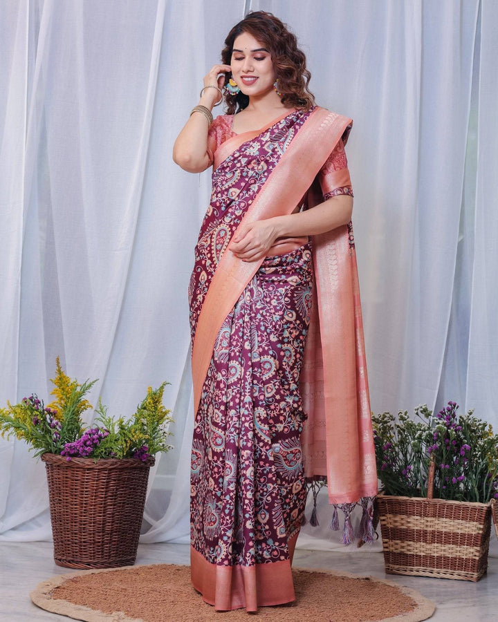 Regal Maroon and Peach Banarasi Silk Saree with Delicate Tassels