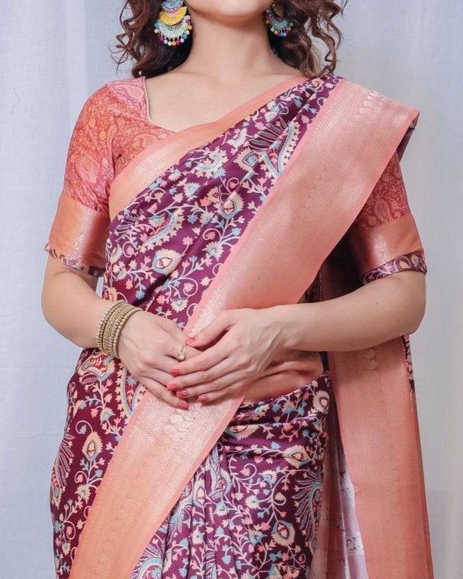 Regal Maroon and Peach Banarasi Silk Saree with Delicate Tassels