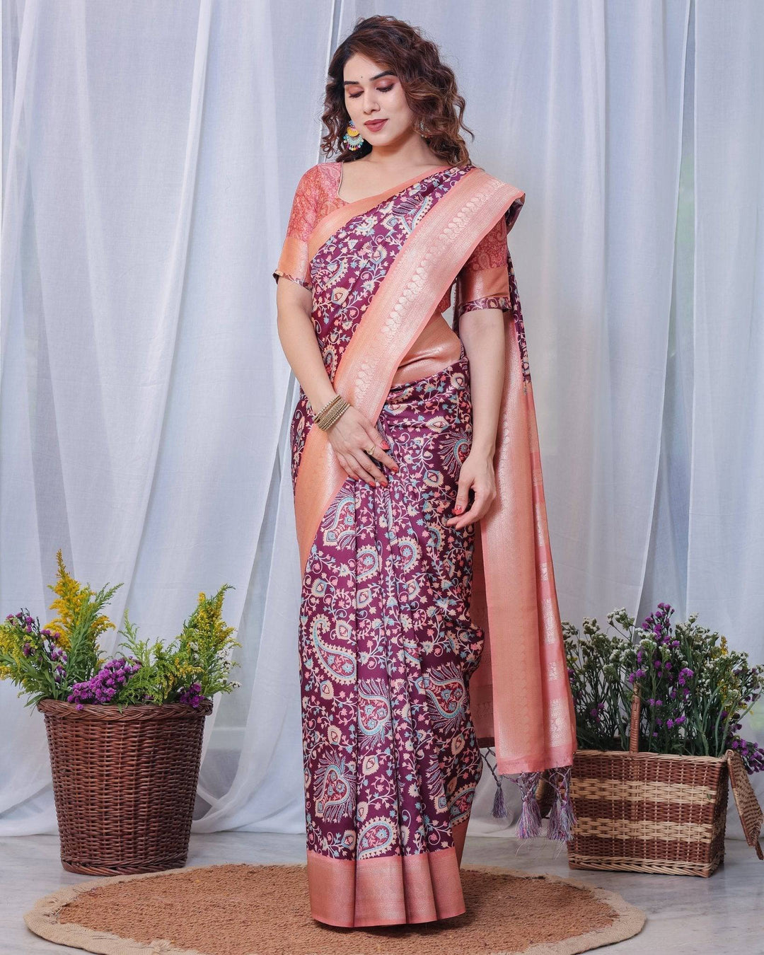 Regal Maroon and Peach Banarasi Silk Saree with Delicate Tassels