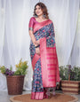 Navy Blue Banarasi Silk Saree with Floral Digital Print, Pink Zari Border & Tassel Pallu