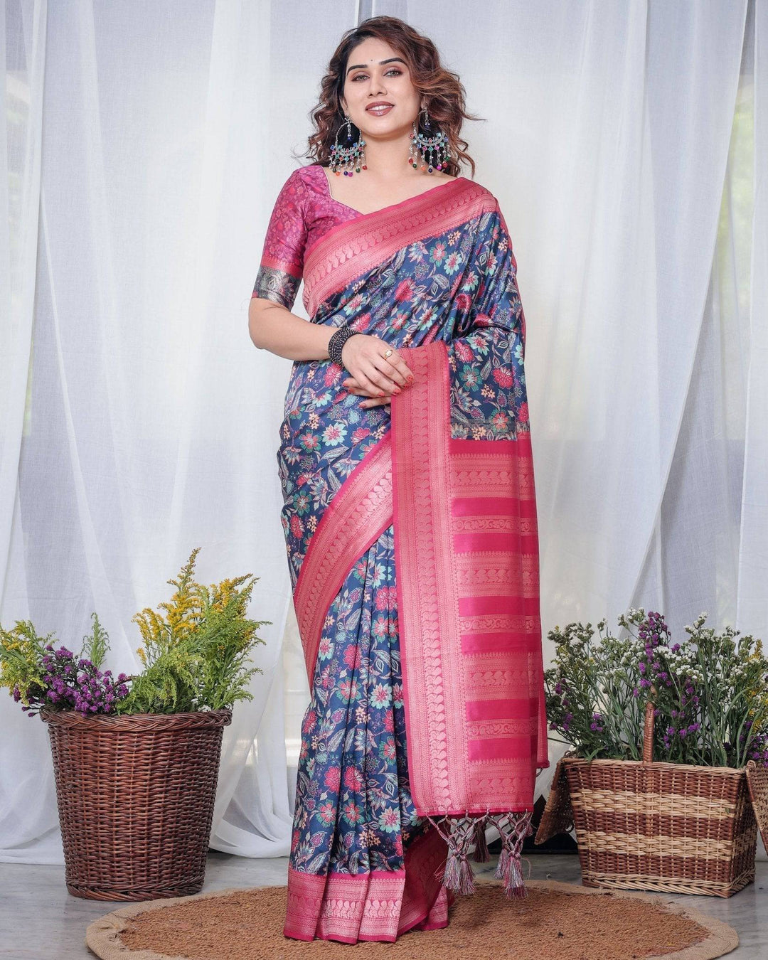 Navy Blue Banarasi Silk Saree with Floral Digital Print, Pink Zari Border & Tassel Pallu