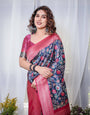 Navy Blue Banarasi Silk Saree with Floral Digital Print, Pink Zari Border & Tassel Pallu