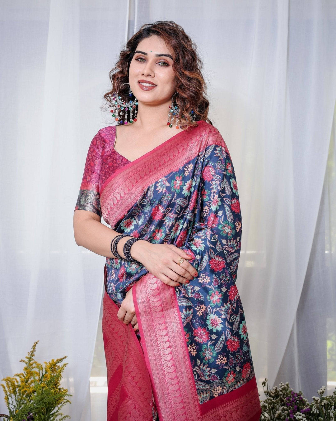 Navy Blue Banarasi Silk Saree with Floral Digital Print, Pink Zari Border & Tassel Pallu