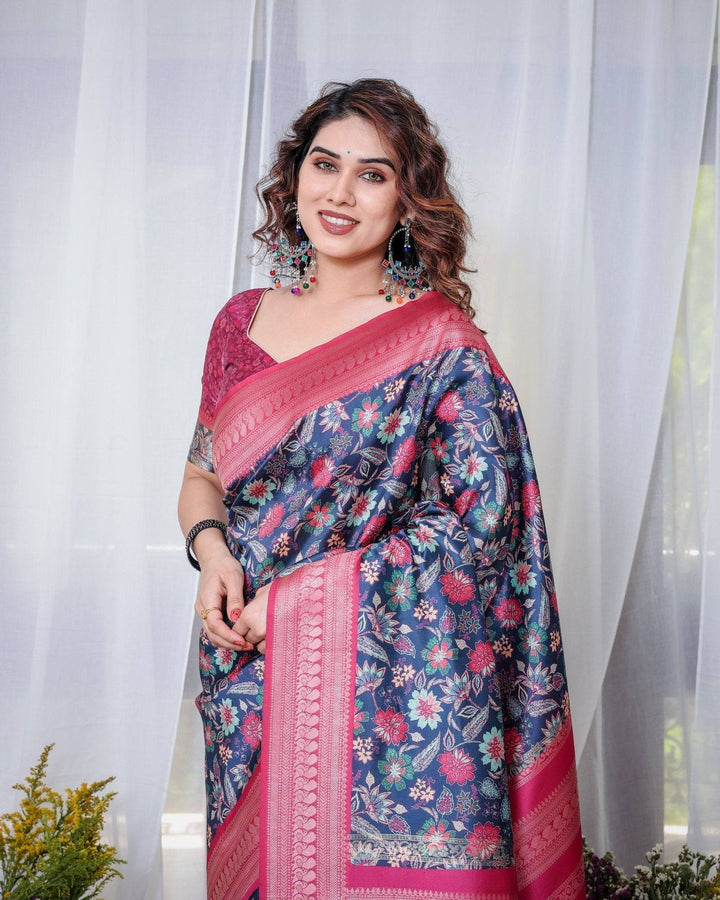 Navy Blue Banarasi Silk Saree with Floral Digital Print, Pink Zari Border & Tassel Pallu