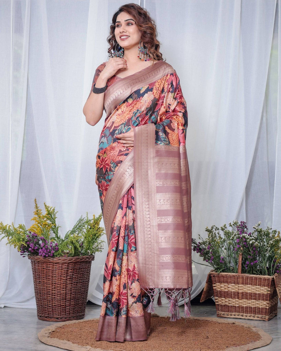 Black Banarasi Silk Saree with Exotic Leopard & Floral Digital Print, Zari Border & Tassel Pallu