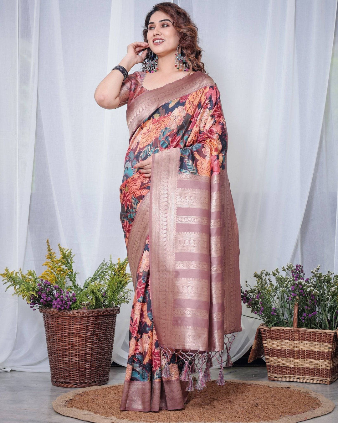 Black Banarasi Silk Saree with Exotic Leopard & Floral Digital Print, Zari Border & Tassel Pallu