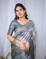 Graceful Banarasi Digitally Printed Silk Saree in Silver and Teal with Zari Work and Tassels