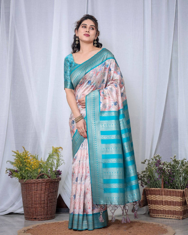 Ivory Banarasi Silk Saree with Pink Ikat Digital Print, Zari Border & Tassel Pallu