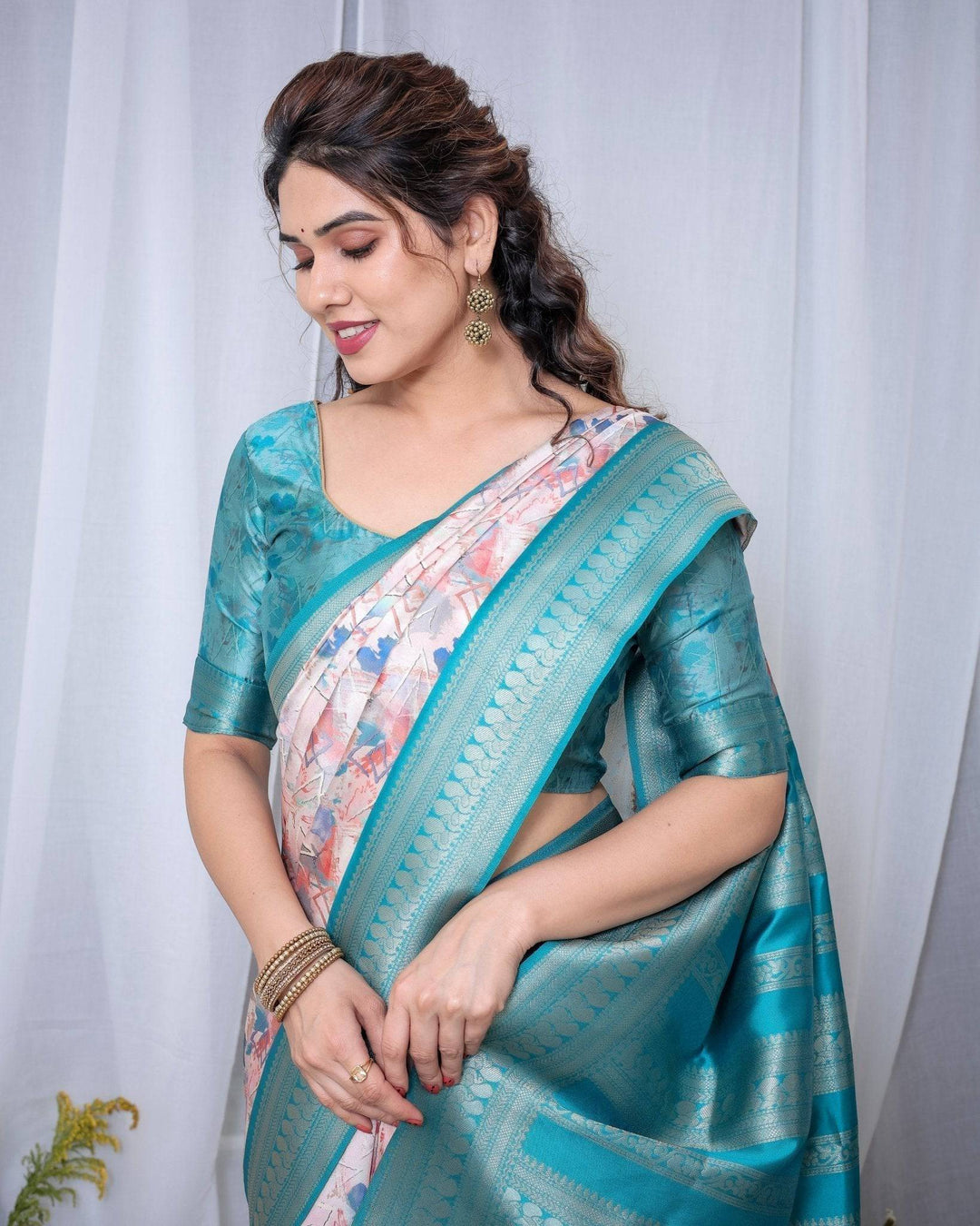 Ivory Banarasi Silk Saree with Pink Ikat Digital Print, Zari Border & Tassel Pallu