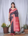 Majestic Black Banarasi Silk Saree with Rose Gold Border and Tassels