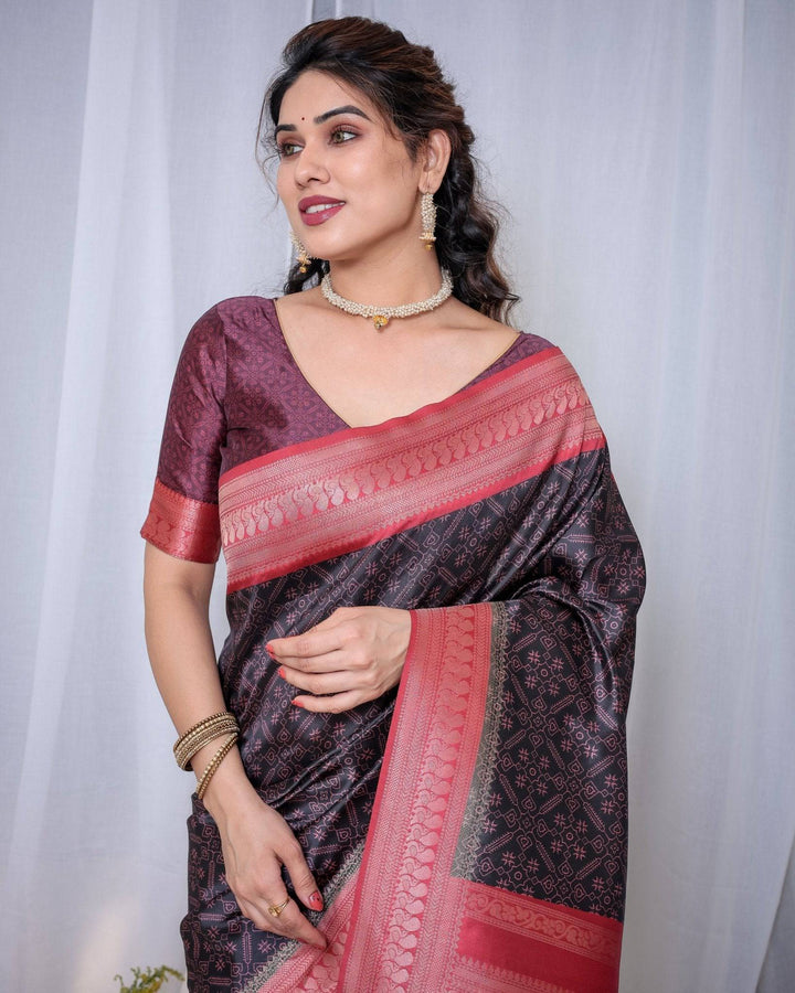 Majestic Black Banarasi Silk Saree with Rose Gold Border and Tassels